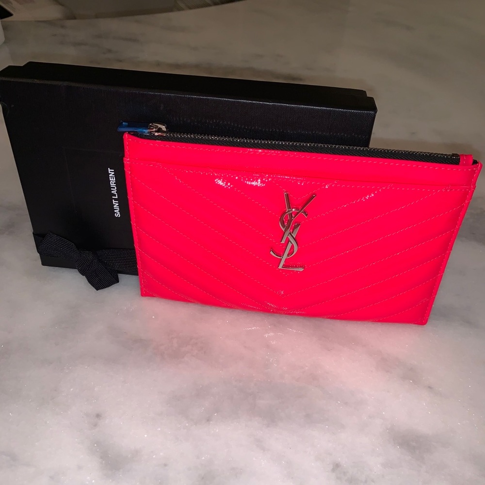 Ysl Neon Pink Monogram Leather Bill Pouch